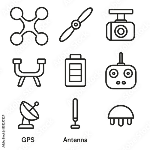 Drone Robot Icons. Line style icons of Drone Robot Variants: quadcopter frame, propeller blade, camera gimbal, landing gear,