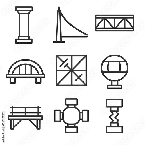 Structural Framework Icons. Line style icons of Structural Framework: support pillar, suspension cable, truss beam, arch span,