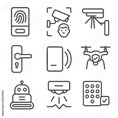 Security Icons Collection. Line style icons of Access Control & Security: biometric scanner, facial recognition camera, turnstile