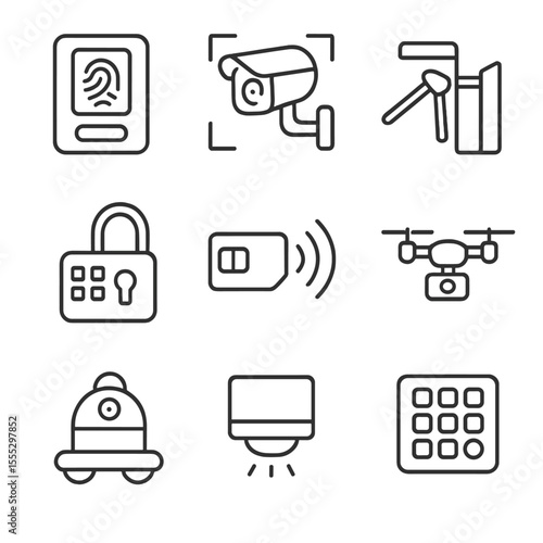 Security Icons Collection. Line style icons of Access Control & Security: biometric scanner, facial recognition camera, turnstile