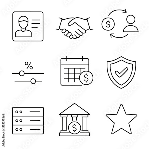Peer-to-Peer Lending Icons. Line style icons of Peer-to-Peer Lending Platforms: borrower profile, lender handshake, loan match