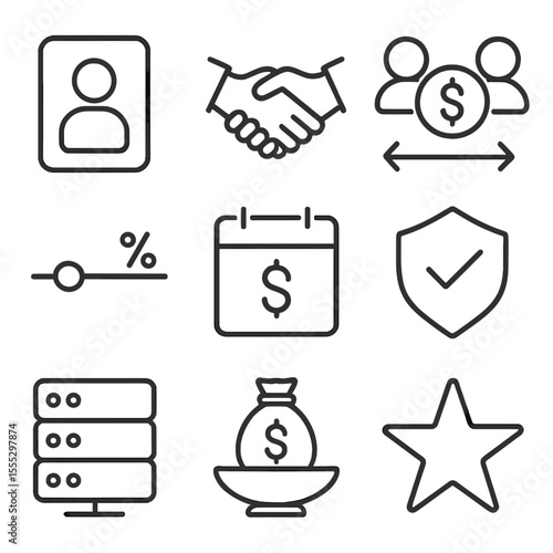 Peer-to-Peer Lending Icons. Line style icons of Peer-to-Peer Lending Platforms: borrower profile, lender handshake, loan match