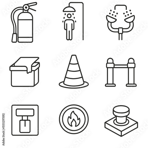 Safety Equipment Icons. Line style icons of Safety & Fire Suppression: fire extinguisher, emergency shower, eyewash station, spill