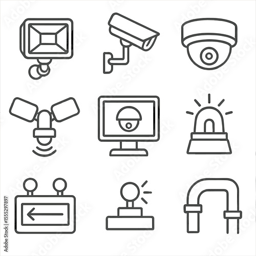 Lighting and Security Icons. Line style icons of Lighting & Security Cameras: floodlight fixture, pole-mounted camera, dome camera