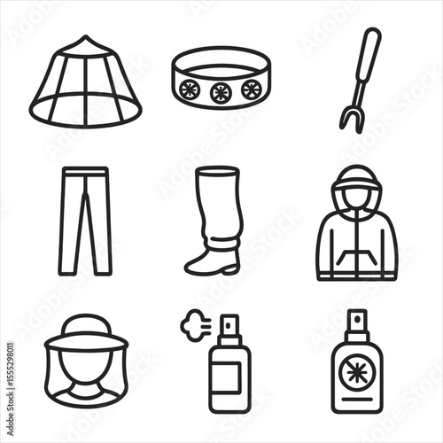 Insect Bite Prevention Icons. Line style icons of Insect Bite Prevention: mosquito net, insect repellent wristband, tick removal