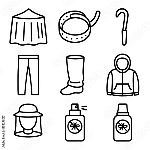 Insect Bite Prevention Icons. Line style icons of Insect Bite Prevention: mosquito net, insect repellent wristband, tick removal