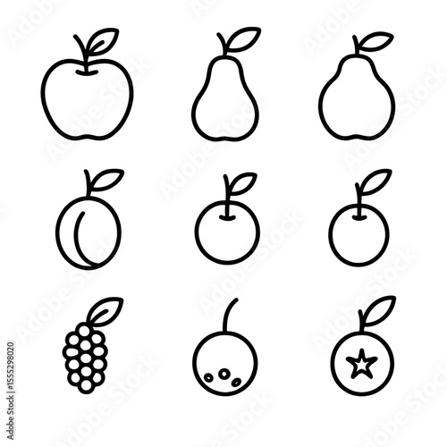 Abandoned Orchard Icons. Line style icons of Abandoned Orchard Bounty: volunteer apple, volunteer pear, quince, wild plum,
