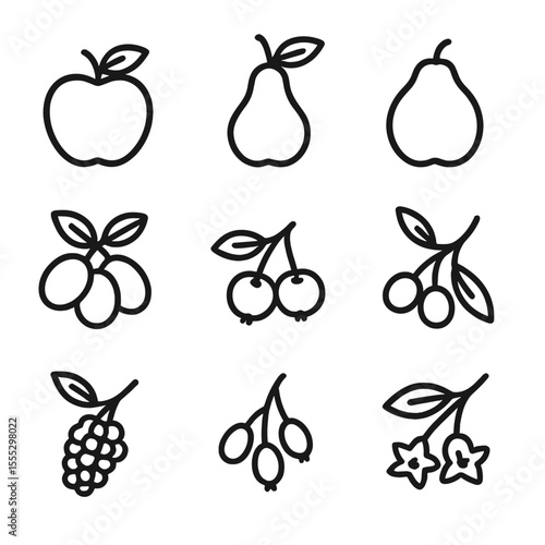 Abandoned Orchard Icons. Line style icons of Abandoned Orchard Bounty: volunteer apple, volunteer pear, quince, wild plum,
