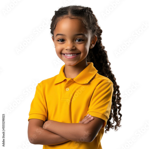 Cheerful young girl with curly hair wearing a bright yellow shirt, posing with arms crossed, showcasing a joyful and confident expression in studio setting