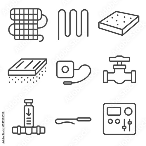 Underfloor Heating Components. Line style icons of Underfloor Heating Components: heating mat, water pipe loop, insulation board,
