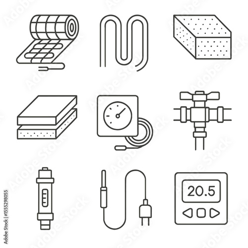 Underfloor Heating Components. Line style icons of Underfloor Heating Components: heating mat, water pipe loop, insulation board,