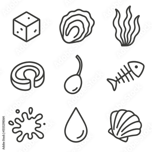 Oceanic Flavor Icons. Line style icons of Salty Oceanic Flavors: sea salt crystal, oyster shell, seaweed piece, anchovy fillet,
