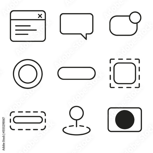 UI Design Elements Icons. Outline style icons of UI Design Focal Highlights: modal dialog, tooltip popup, notification badge,