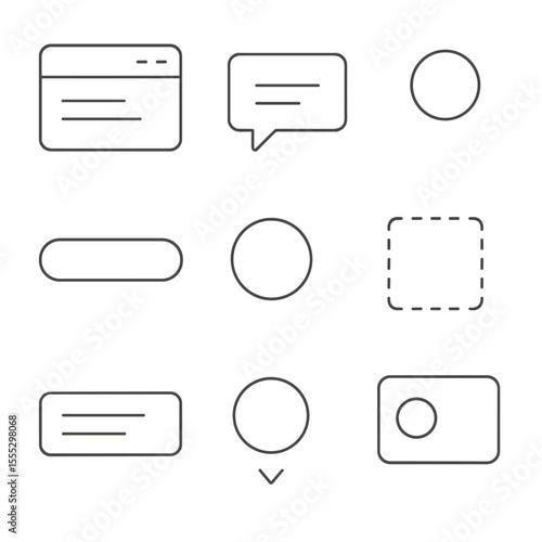 UI Design Elements Icons. Outline style icons of UI Design Focal Highlights: modal dialog, tooltip popup, notification badge,