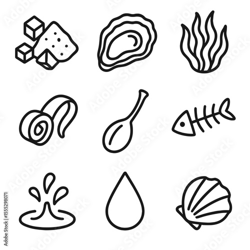 Oceanic Flavor Icons. Line style icons of Salty Oceanic Flavors: sea salt crystal, oyster shell, seaweed piece, anchovy fillet,