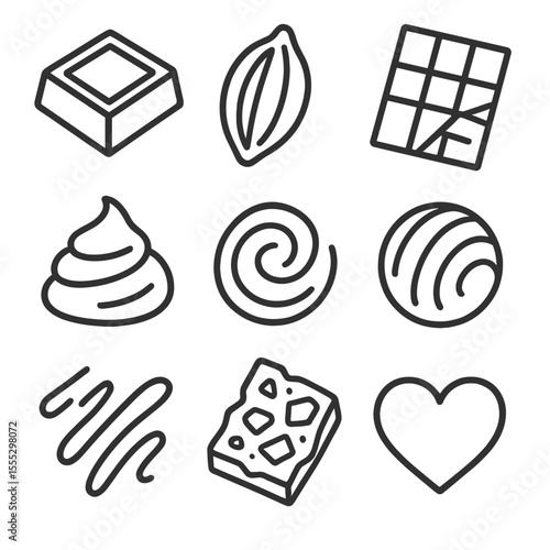Dark Chocolate Icons. Line style icons of Dark Chocolate Flavors: chocolate square, cocoa nib, dark chocolate bar, ganache dollop,
