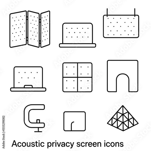 Acoustic Screen Icons. Outline style icons of Acoustic Privacy Screens: folding panel screen, desk divider, hanging baffle,
