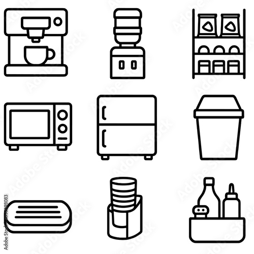 Snack & Beverage Icons. Outline style icons of Snack & Beverage Stations: coffee machine, water dispenser, snack shelf, microwave