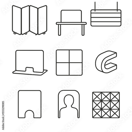 Acoustic Screen Icons. Outline style icons of Acoustic Privacy Screens: folding panel screen, desk divider, hanging baffle,
