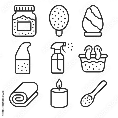 Salt-Themed Spa Icons. Outline style icons of Salt Health & Beauty: bath salt jar, salt scrub brush, Himalayan lamp, salt inhaler