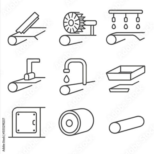 Conveyor Cleaning Icons. Outline style icons of Conveyor Belt Cleaning: belt scraper, rotary brush, spray bar, scraper mount,