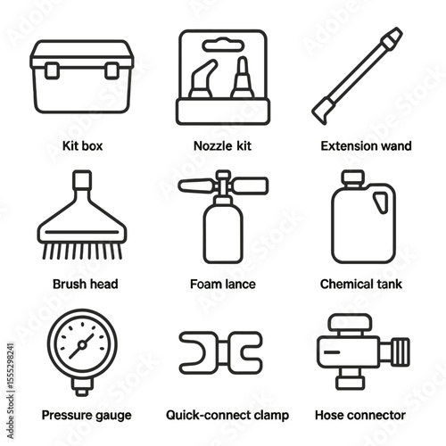 Steam Cleaner Accessories. Outline style icons of Steam Cleaner Accessories: accessory kit box, nozzle kit, extension wand, brush