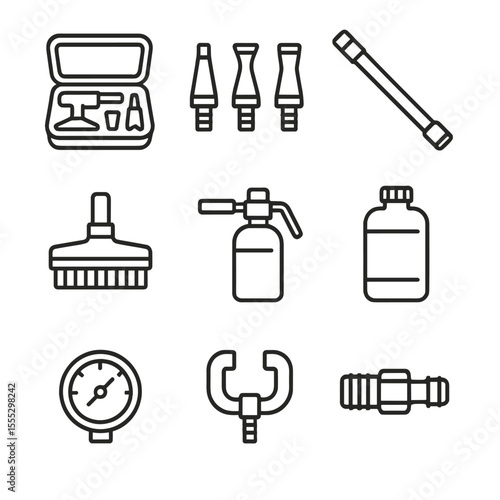 Steam Cleaner Accessories. Outline style icons of Steam Cleaner Accessories: accessory kit box, nozzle kit, extension wand, brush
