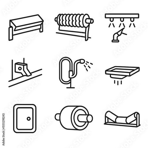 Conveyor Cleaning Icons. Outline style icons of Conveyor Belt Cleaning: belt scraper, rotary brush, spray bar, scraper mount,