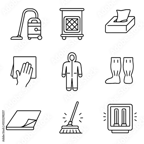 Pharmaceutical Cleanroom Tools. Outline style icons of Pharmaceutical Cleanroom Cleaning: cleanroom vacuum, HEPA filter cart,