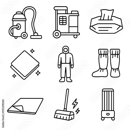 Pharmaceutical Cleanroom Tools. Outline style icons of Pharmaceutical Cleanroom Cleaning: cleanroom vacuum, HEPA filter cart,