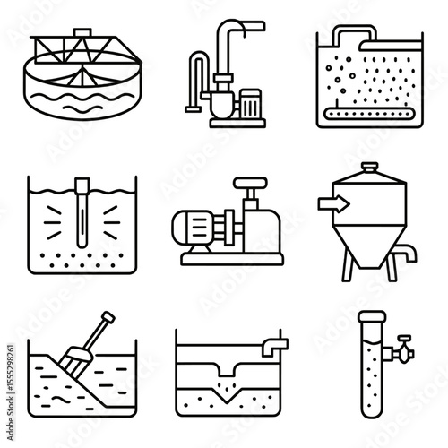 Wastewater Treatment Icons. Outline style icons of Wastewater Treatment Cleaning: clarifier scraper, sludge pump, aeration