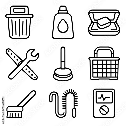 Dishwasher Maintenance Icons. Outline style icons of Dishwasher Maintenance: filter basket, rinse aid bottle, tablet dispenser,