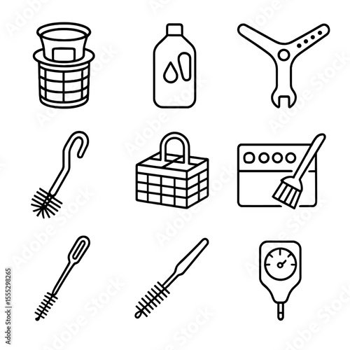 Dishwasher Maintenance Icons. Outline style icons of Dishwasher Maintenance: filter basket, rinse aid bottle, tablet dispenser,