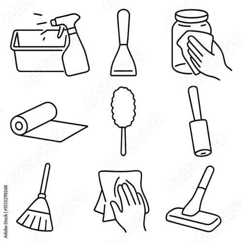 Pantry Organization Icons. Outline style icons of Shelf & Pantry Organization & Clean: storage bin cleaner, label remover tool,