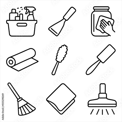 Pantry Organization Icons. Outline style icons of Shelf & Pantry Organization & Clean: storage bin cleaner, label remover tool,