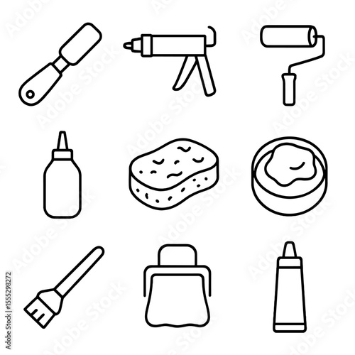 Sink Maintenance Icons. Outline style icons of Sink Surround & Backsplash Maintenance: caulk removal tool, silicone sealant gun,