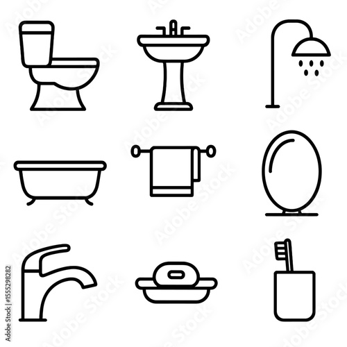Bathroom Fixtures Icons. Outline style icons of Bathroom Fixtures: toilet bowl, pedestal sink, showerhead, bathtub, towel rack,