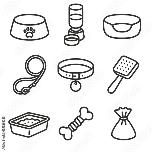 Pet Care Icons. Outline style icons of Pet Care Items: food bowl, water dispenser, pet bed, leash, collar, grooming brush, litter