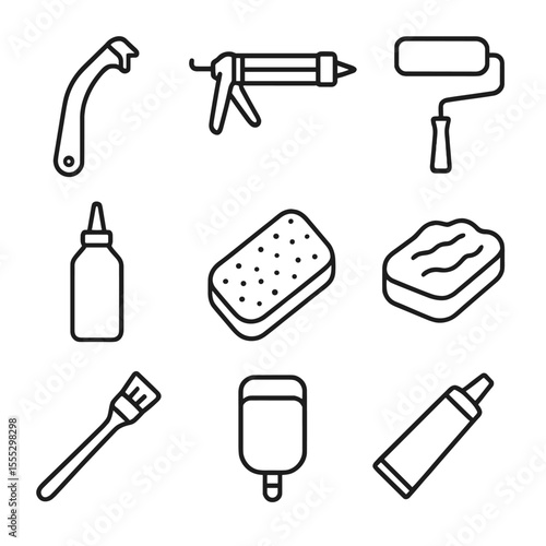 Sink Maintenance Icons. Outline style icons of Sink Surround & Backsplash Maintenance: caulk removal tool, silicone sealant gun,