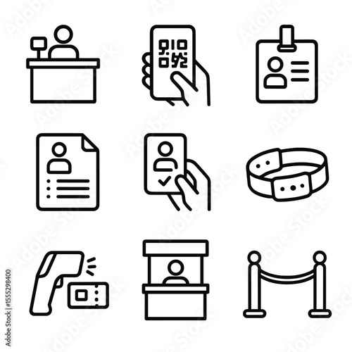 Trade Show Icons. Outline style icons of trade show registration: check-in desk, QR code reader, visitor badge, sign-in sheet, ID