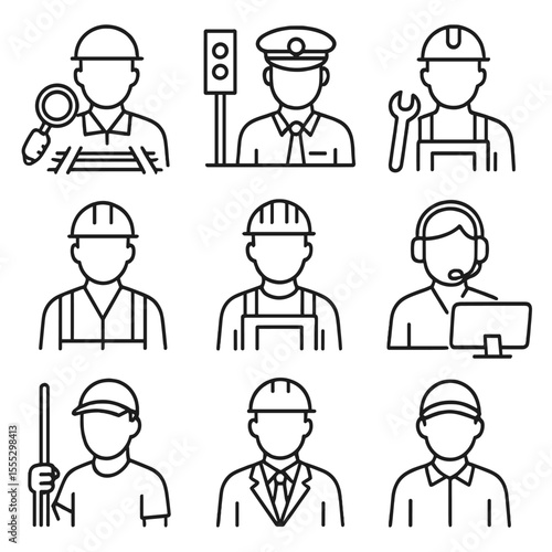Railway Staff Icons. Outline style icons of trackside facility staff: track inspector, signal operator, maintenance worker, safety