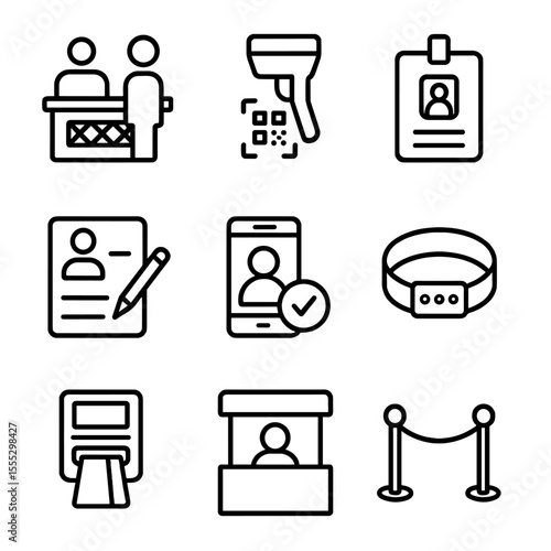 Trade Show Icons. Outline style icons of trade show registration: check-in desk, QR code reader, visitor badge, sign-in sheet, ID