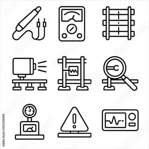 Trackside Testing Icons. Outline style icons of trackside facility testing: test probe, voltage meter, track gauge, alignment