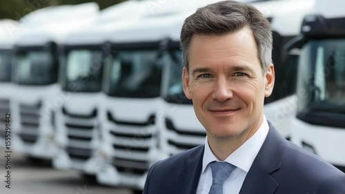 Wallpaper Mural Confident Businessman Poses in Front of a Fleet of White Commercial Trucks Torontodigital.ca