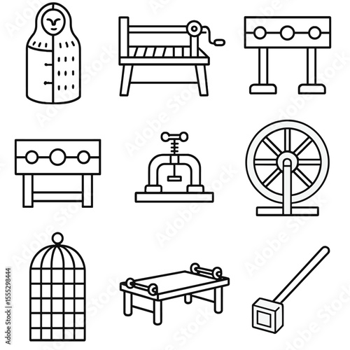 Torment Implements Icons. Outline style icons of torment implements devices: iron maiden, rack, pillory, stocks, thumbscrew,