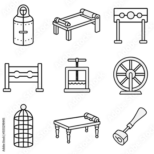 Torment Implements Icons. Outline style icons of torment implements devices: iron maiden, rack, pillory, stocks, thumbscrew,