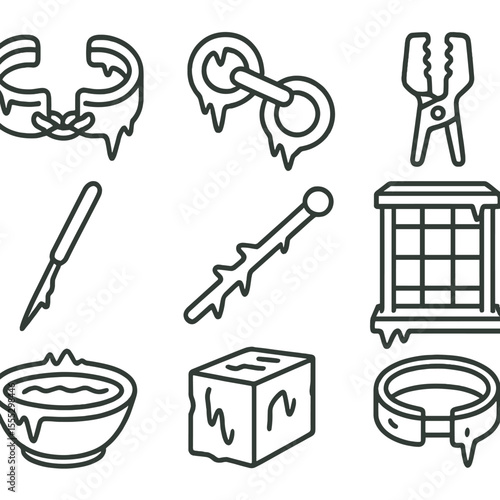 Ice Torment Icons. Outline style icons of torment implements cold: ice shackle, frozen chain, cold clamp, ice pick, chilling rod,