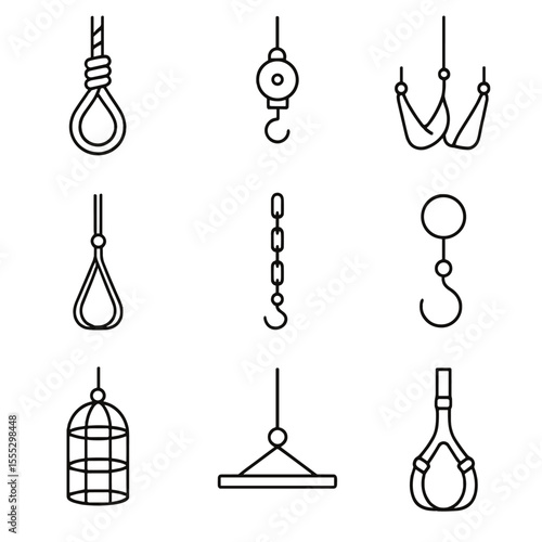 Torment Implements Icons. Outline style icons of torment implements suspension: hanging rope, pulley system, wrist hanger, leg