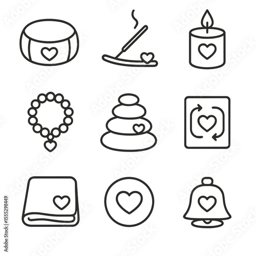 Heart Meditation Icons. Line style icons of Heart Meditation Tools: meditation cushion, incense stick, calming candle, mantra