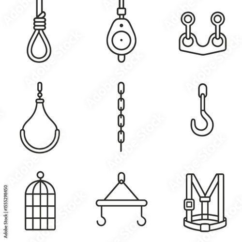 Torment Implements Icons. Outline style icons of torment implements suspension: hanging rope, pulley system, wrist hanger, leg